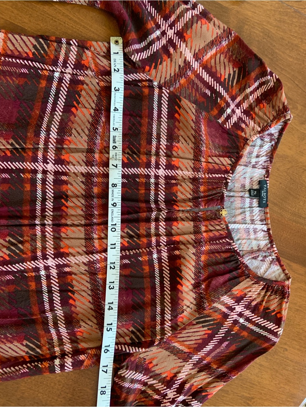 Talbots Plaid Long Sleeve Women's Blouse in Burgundy & Rust with gold buttons - Picture 2 of 9